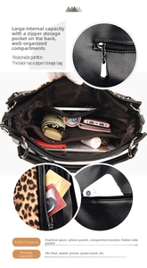 Detailed interior of leopard print handbag showing compartments for iPad and phone