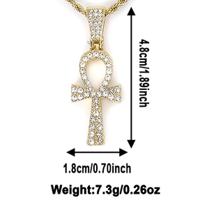 Detailed size and weight view of iced out Ankh cross pendant with golden twist rope chain