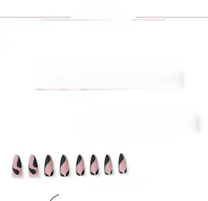 Detail of almond press-on nails set with pink base and black abstract fluid line patterns