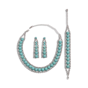 Blue resin geometric beaded jewelry set with rhinestone necklace, bracelet, and earrings