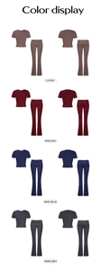 Color display of two-piece short sleeve and high waist flared pants sets in four shades