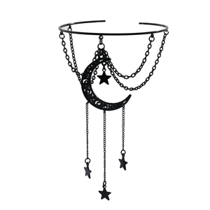 Gothic black layered leg chain featuring hollow moon and star charms on multiple chains