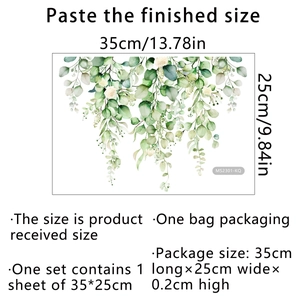 Self-adhesive wall sticker featuring green eucalyptus leaves and white roses, 35x25cm size