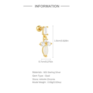 Macro detail of S925 sterling silver opal stud earring with marquise zirconia and size specs