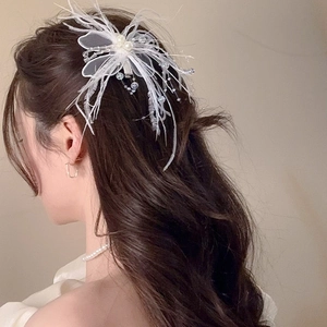 Détail d'une pince à cheveux en plumes blanches avec perles et perles de cristal