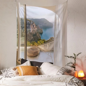Detail view of woven polyester tapestry with seaside balcony window landscape design
