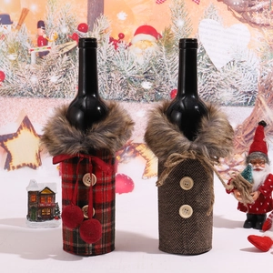 Christmas Wine Bottle Covers Plaid Herringbone Fabric Faux Fur Collar Winter Coat Style Festive Dinner Party Table Decor