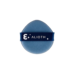 Detail of blue teardrop makeup sponge with Alioth logo ribbon and matte texture