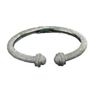 Silver geometric open bangle with pavé-set white zircons and spherical ends