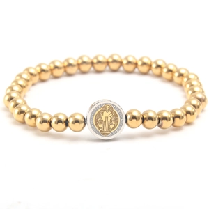 18K gold plated beaded bracelet featuring a classic two-tone St. Benedict religious medal