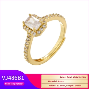 Detail view of 18K gold plated copper ring with clear rectangular zircon and micro-pave stones