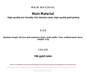 Detailed size specifications for 18K gold plated pearl necklace with 316L titanium steel chain