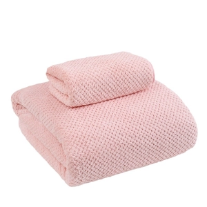 Pink waffle weave coral fleece towel set with soft absorbent large bath towel and face cloth