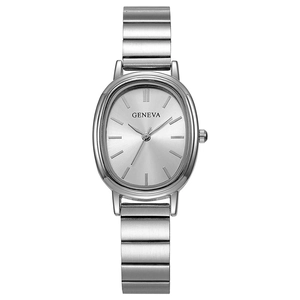 Detailed view of silver oval quartz watch with bamboo style link bracelet and Geneva dial