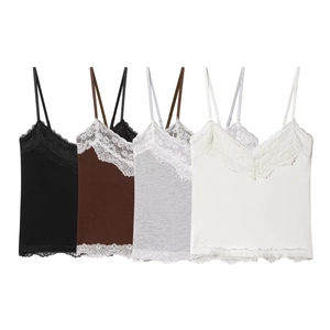 Damen Strick Camisole Top Spitze V Ausschnitt Verstellbare Spaghettiträger Slim Fit Casual Sexy Cropped Tank