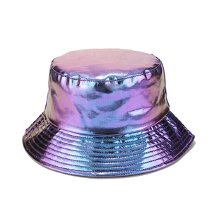 Metallic purple laser bucket hat with iridescent faux leather finish and wide brim