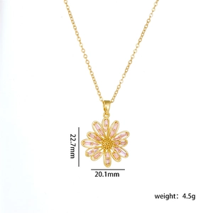 Gold sunflower necklace with pink zircon petals including measurements 22.7mm and weight 4.5g