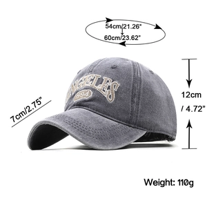 Grey washed baseball cap with Los Angeles embroidery and detailed size measurements