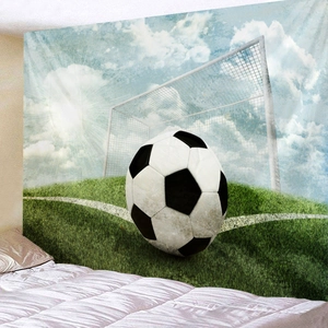 Detailed soccer tapestry showing a giant football on a green field with blue sky background