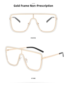 Front and 45-degree side view of oversized gold metal frame clear lens glasses