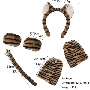 Tiger stripe plush animal costume set with dimensions of headband, tail, and covers