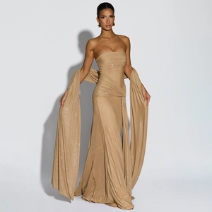 Elegant gold sequin strapless evening gown with matching shawl for women