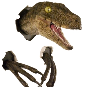 Garden dinosaur wall statue with realistic resin scales bursting through white wall