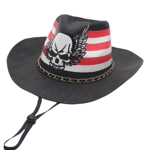 Western Cowboy Hat Cotton Woven Punk Winged Skull Pattern Red White Stripes Gold Chain Adjustable Wind Rope Sun Protection Fashion