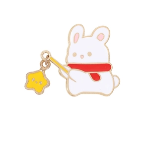 Cute white bunny enamel brooch with red scarf and star wand for backpack decoration