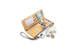 Detailed view of women long matte leather wallet showing card slots and zipper compartment