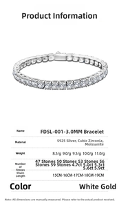 Detailed technical specifications for S925 sterling silver moissanite tennis bracelet