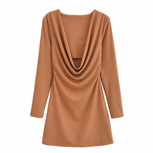Cowl Neck Long Sleeve Mini Dress Elegant Solid Color Slim Fit Bodycon Polyester Commute Party Wear For Women