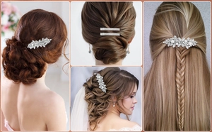 Detail of bridal hairstyles with silver rhinestone hair clips and pearl spring barrettes