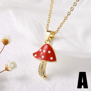 Gold-plated mushroom heart pendant necklace with red enamel and pavé zircon stones