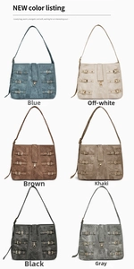 Detailed multi-color display of vintage textured PU leather crossbody bags with metal buckles