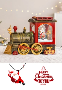Detail of vintage Christmas train lamp with warm lights and snow function