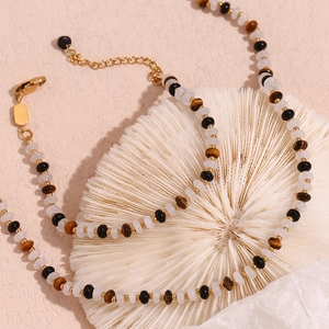 Fashion Stainless Steel 18K Gold Plated Tiger Eye White Stone Beaded Necklace Bracelet Jewelry Set For Women Niche Design Jewelry