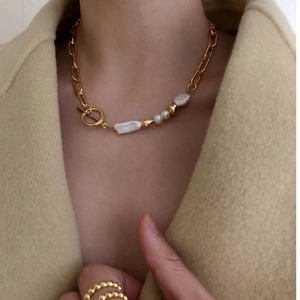 Artificial Baroque Pearl Splicing Gold Chain Necklace For Women French Vintage Style With Toggle Clasp Minimalist Jewelry