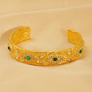 Retro gold textured stainless steel cuff bracelet with malachite evil eye and crystals
