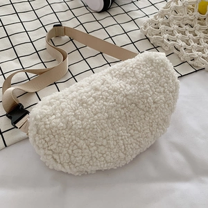 Cute white plush crossbody bag with khaki adjustable strap on a checkered background