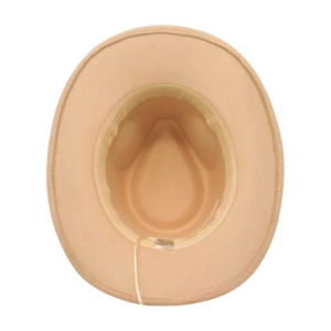 Detail of light beige felt hat interior with sweatband and adjustable drawstring