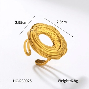 Macro view of wide gold stainless steel ring with hammered texture and vertical ridges