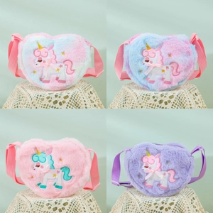 Plush heart-shaped unicorn crossbody bags for kids in gradient pink and purple tones