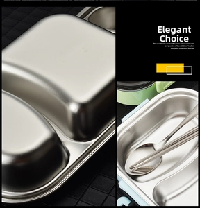 Detailed view of 304 stainless steel lunch box with compartments and cutlery set