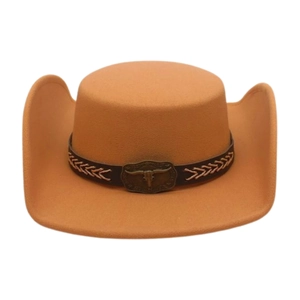 Western cowboy style camel felt hat featuring leather band with vintage metal bull head