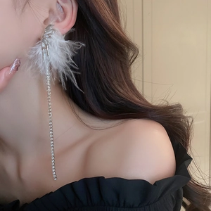Elegant silver feather drop earrings with crystal tassels and asymmetrical butterfly design