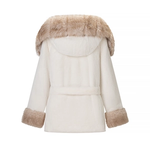 Rear view of long sleeve hooded faux fur coat with plush trim and waist tie belt
