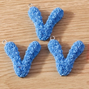 Blue resin letter V charms with embossed rose floral texture and metal ring for DIY jewelry