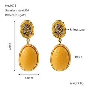Detail showing 33mm gold plated stainless steel geometric earrings with resin and rhinestones