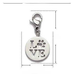 Detailed dimensions of stainless steel LOVE pendant with dog paw and lobster clasp